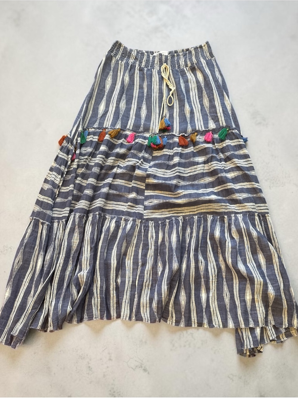 Striped Blue Tassel Maxi Skirt - Casual Boho - Picture 2 of 4